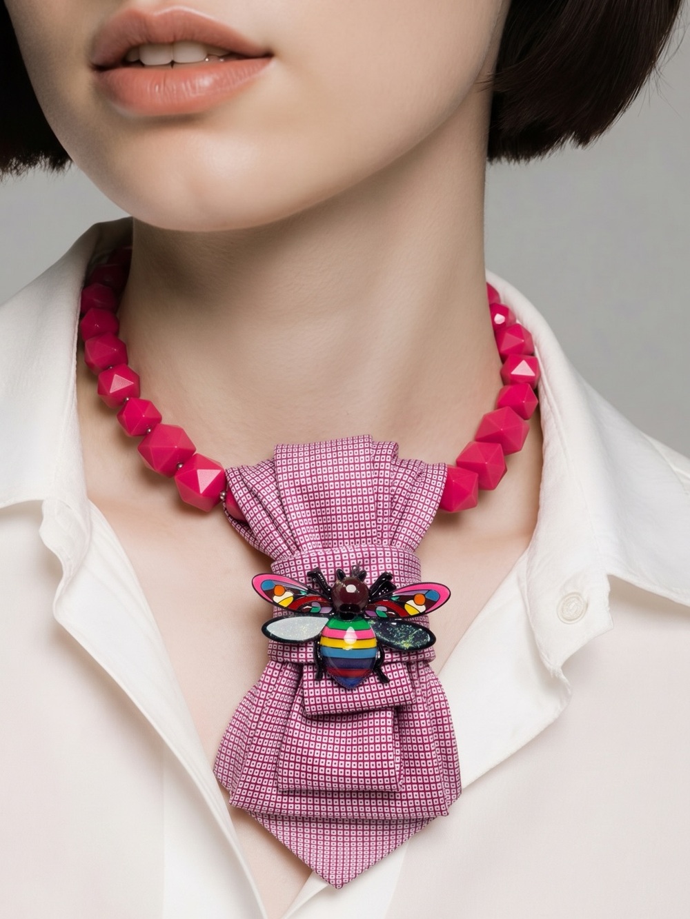 CHIC CHICK UPCYCLE | Pink Tie Necklace with Colorful Bee Pendant